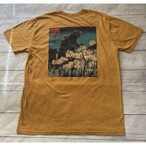 Godzilla in Japan Cherry Blossoms Mustard Yellow Graphics T-Shirt Sz Lg Japanese